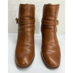 Womens Size 8.5 TOMMY HILFIGER Brown Leather 3" Heel Boots Gold Buckle  Shoes